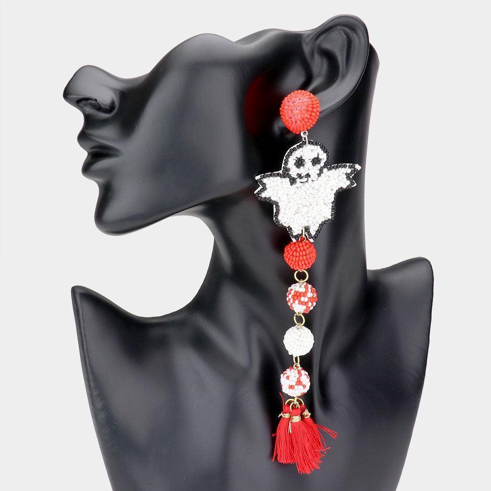 Red Long Dropped Ghost Seed Beaded Ball Tassel Link Dangle Earrings - Jewelry Store by Erik Rayo