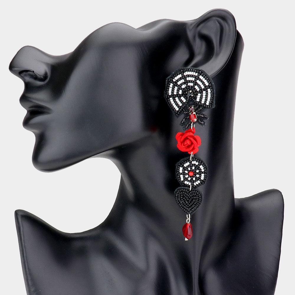 Black Seed Beaded Spider Flower Heart Link Dangle Earrings - Jewelry Store by Erik Rayo