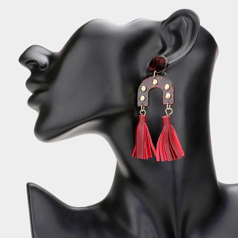 Burgundy Studded Acetate Double Leather Tassel Dangle Earrings - Jewelry Store by Erik Rayo
