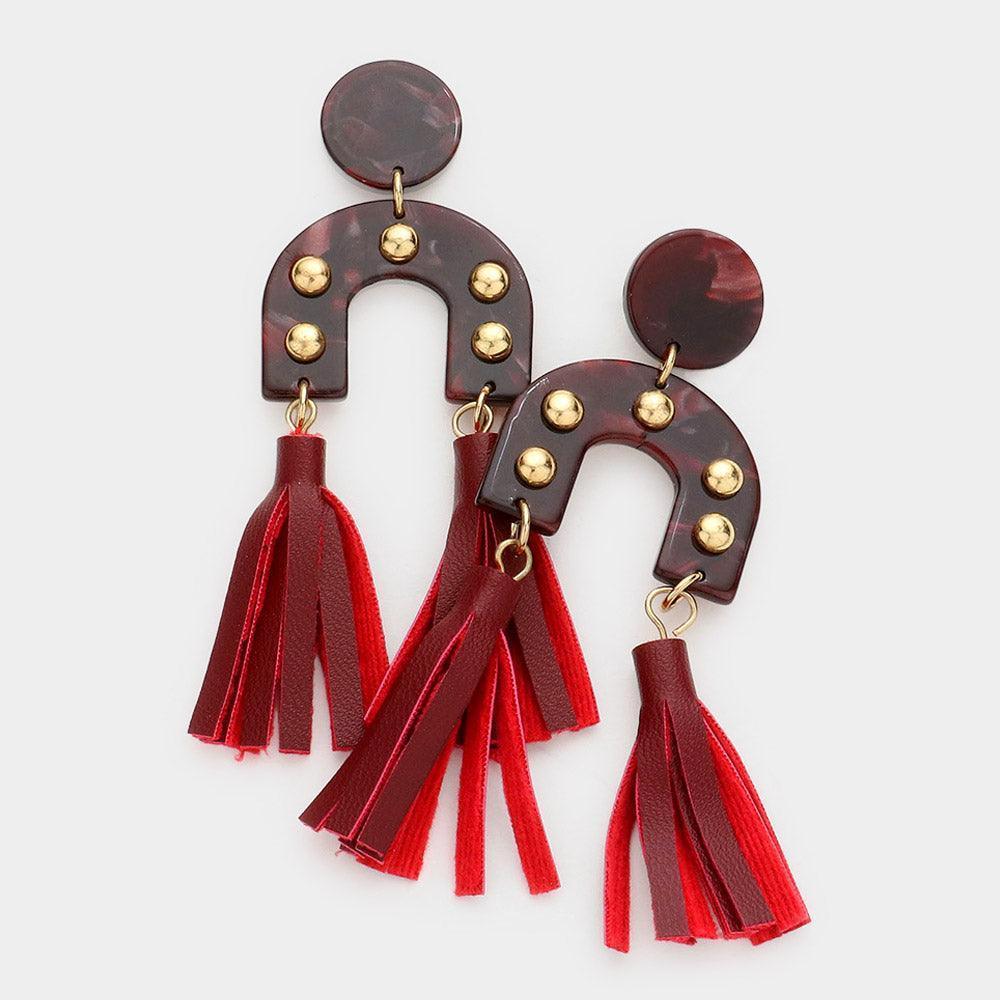 Burgundy Studded Acetate Double Leather Tassel Dangle Earrings - Jewelry Store by Erik Rayo