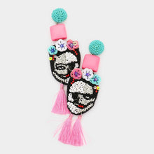 Load image into Gallery viewer, Pink Triple Flower Sequin Seed Beaded Skull Tassel Link Dangle Earrings
