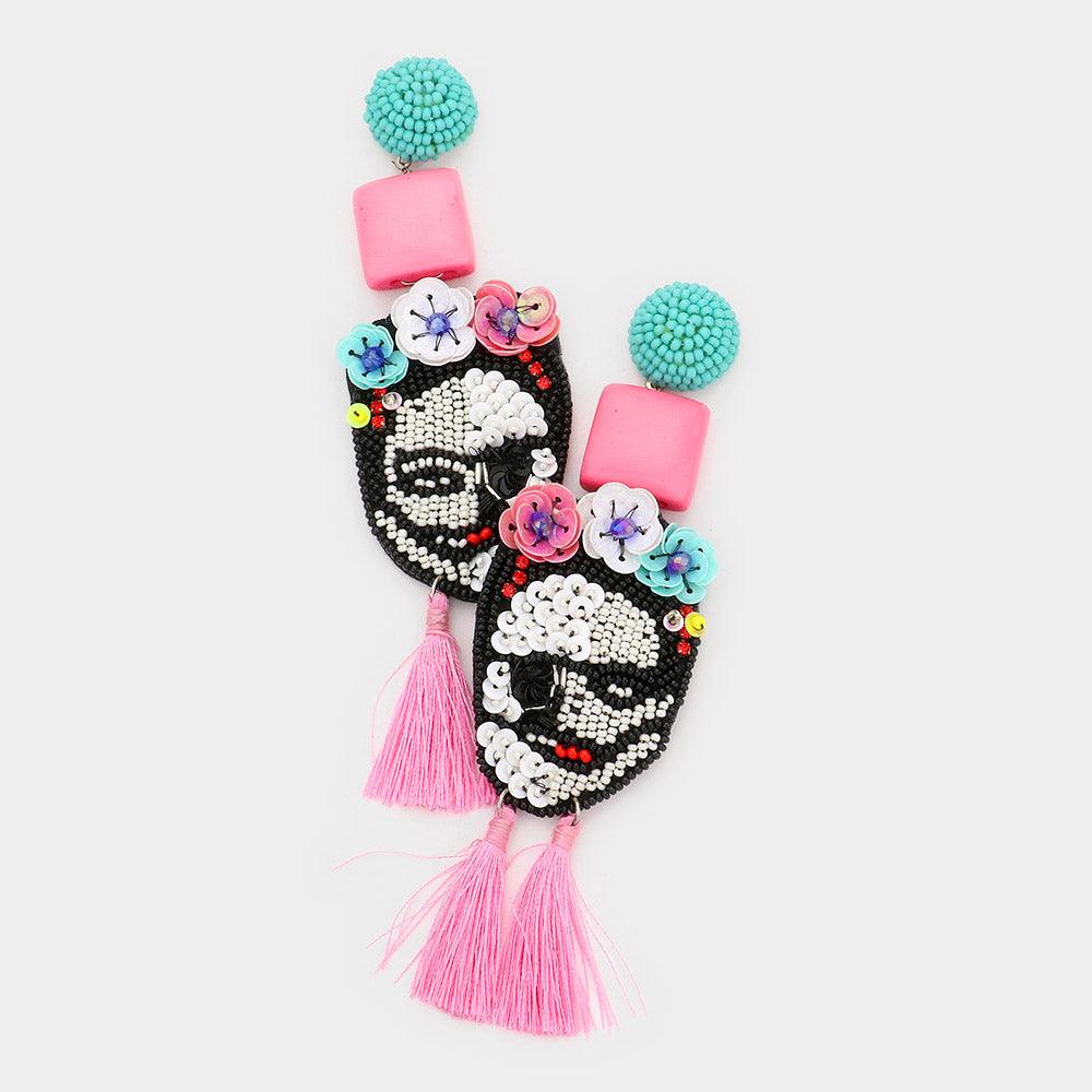 Pink Triple Flower Sequin Seed Beaded Skull Tassel Link Dangle Earrings