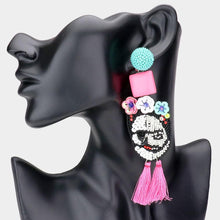 Load image into Gallery viewer, Pink Triple Flower Sequin Seed Beaded Skull Tassel Link Dangle Earrings
