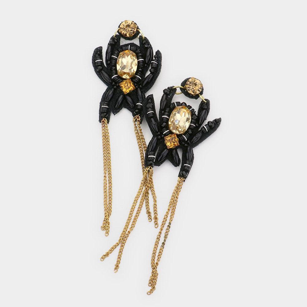 Black Multi Beaded Spider Dropped Metal Chain Dangle Earrings