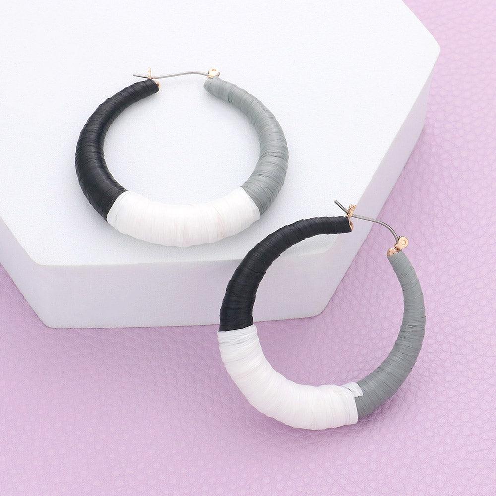 White Raffia Wrapped Hoop Pin Catch Earrings