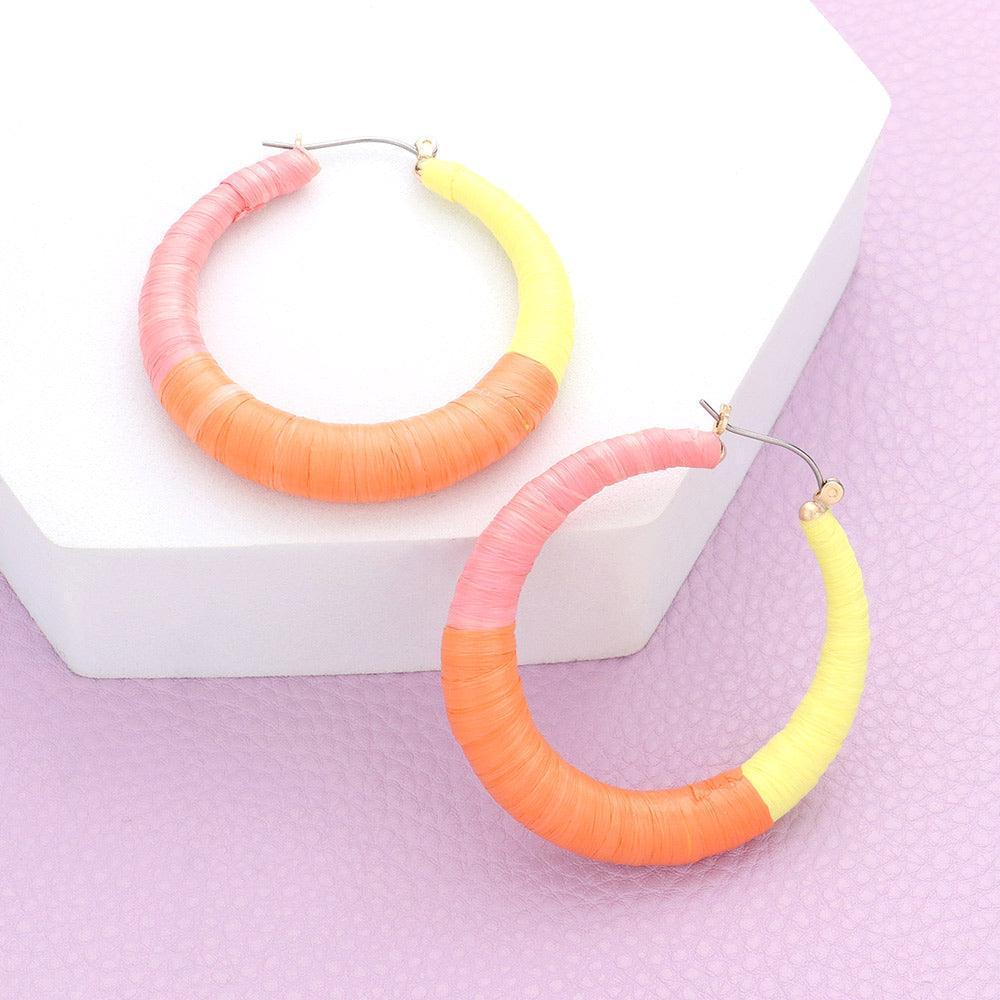 Orange Raffia Wrapped Hoop Pin Catch Earrings - Jewelry Store by Erik Rayo