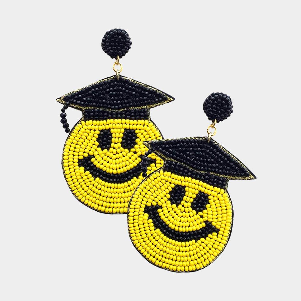 Yellow Felt Back Seed Beaded Graduation Smile Face Dangle Earrings