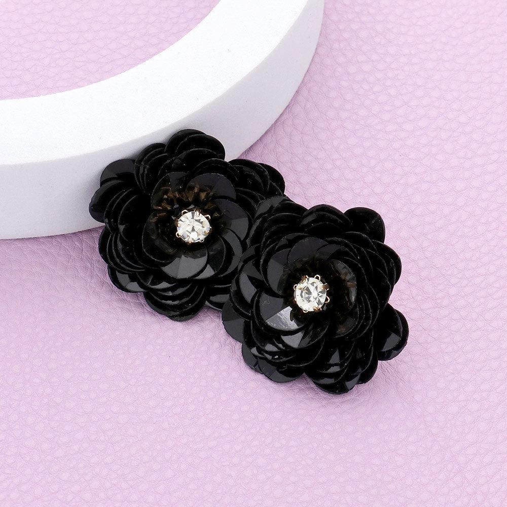 Black Round Stone Centered Flower Earrings - Jewelry Store by Erik Rayo