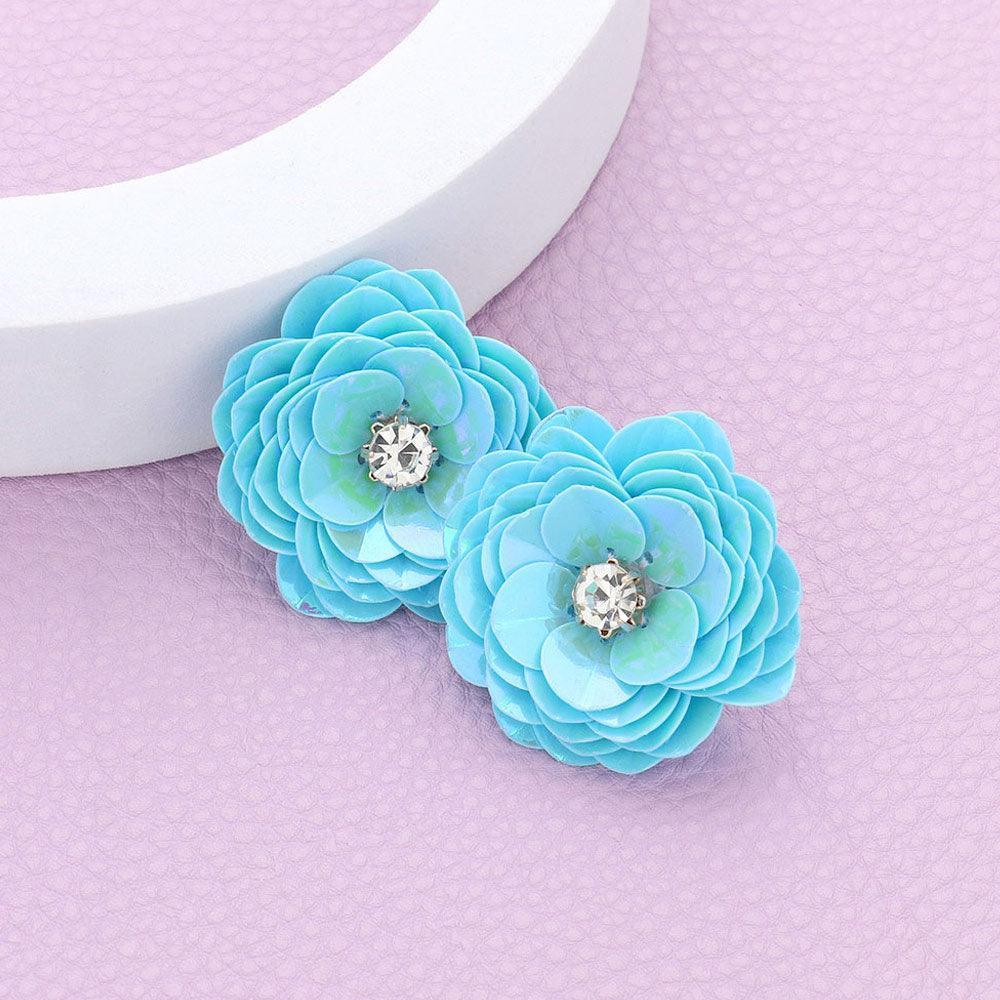 Blue Round Stone Centered Flower Earrings - Jewelry Store by Erik Rayo