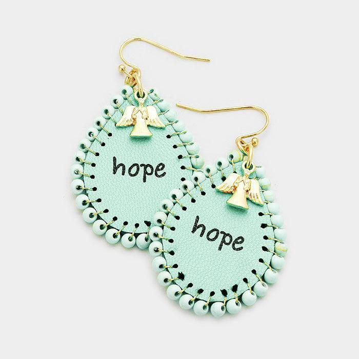 Gold "Hope" Beads Trimmed Leather Teardrop Dangle Earrings - Jewelry Store by Erik Rayo