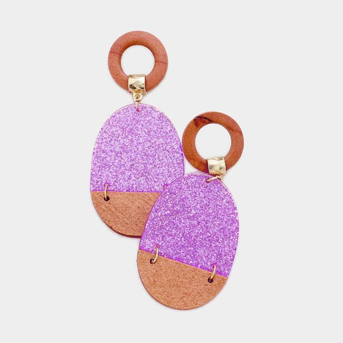 Purple Glittered Geometric Cut Out Round Wood Dangle Earrings - Jewelry Store by Erik Rayo