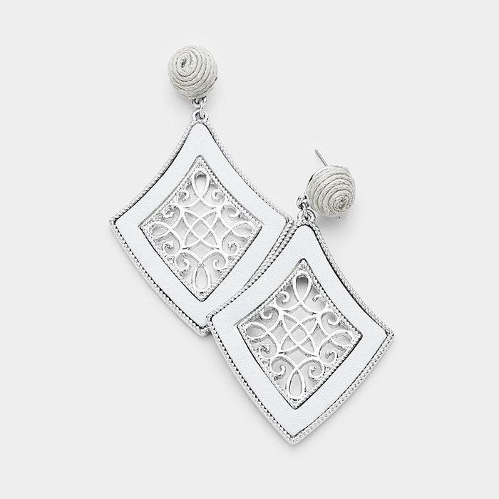 Silver Leather Trim Filigree Metal Diamond Shaped Dangle Earrings - Jewelry Store by Erik Rayo