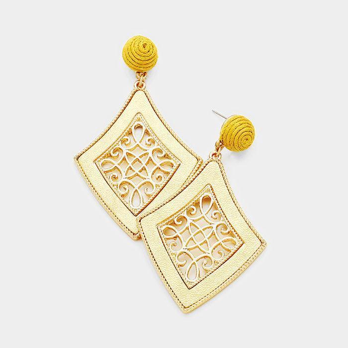 Gold Leather Trim Filigree Metal Diamond Shaped Dangle Earrings