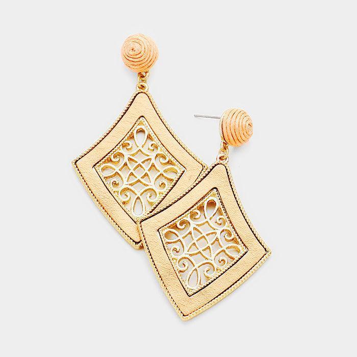 Rose Gold Leather Trim Filigree Metal Diamond Shaped Dangle Earrings - Jewelry Store by Erik Rayo