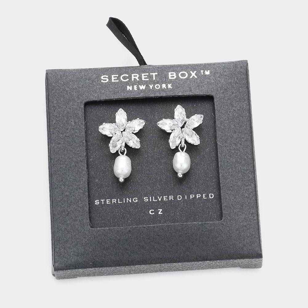 Silver Sterling Silver Dipped CZ Stone Cluster Flower Pearl Dangle Earrings - Jewelry Store by Erik Rayo