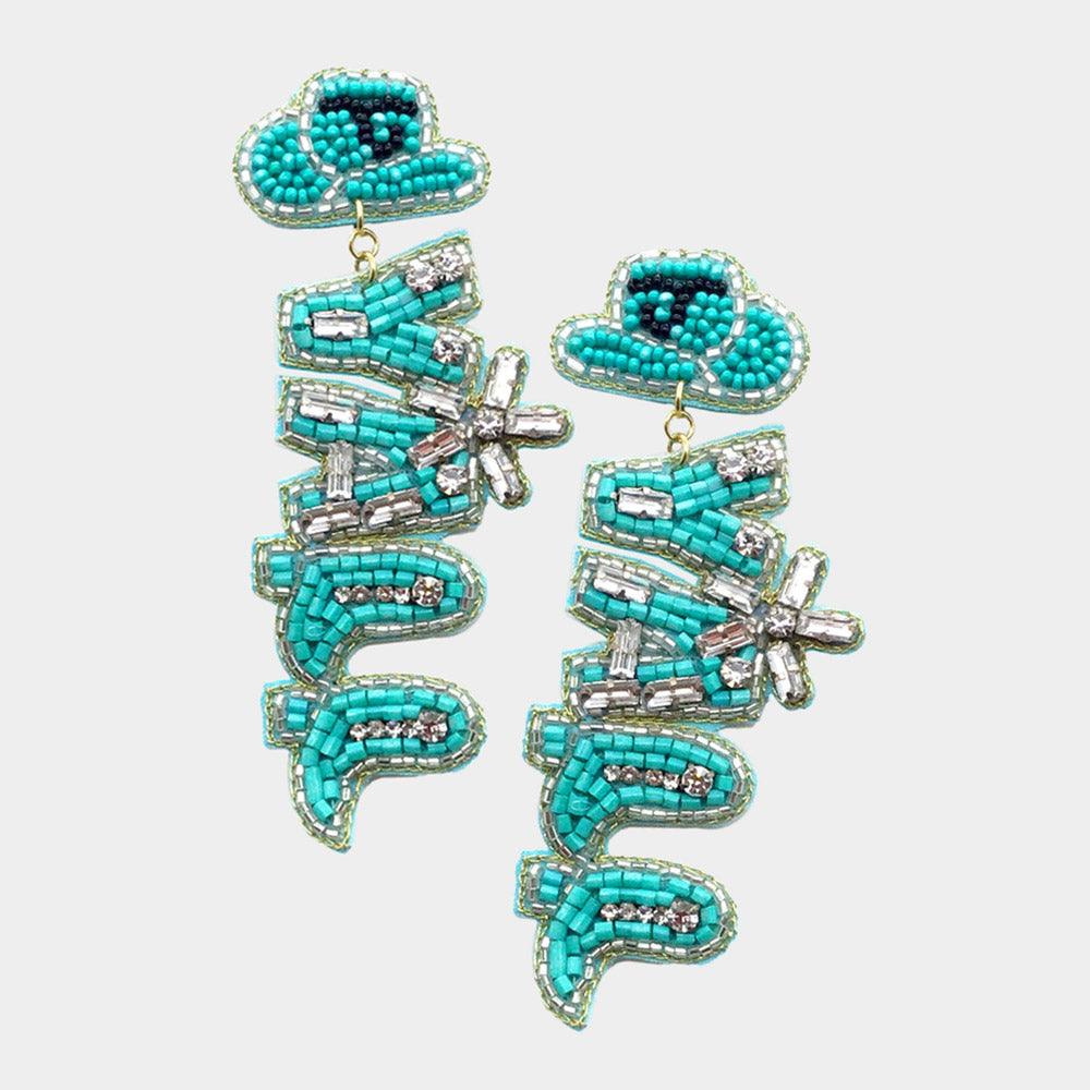 Turquoise YALL Felt Back Beaded Message Dangle Earrings