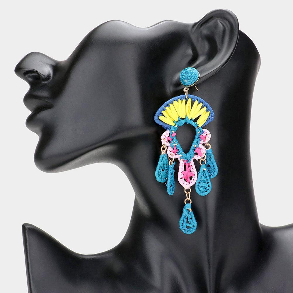 Blue Raffia Wrapped Abstract Link Dangle Earrings - Jewelry Store by Erik Rayo