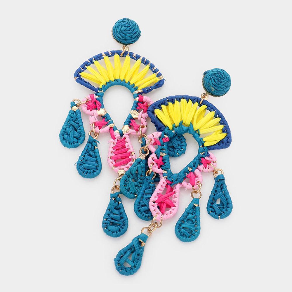 Blue Raffia Wrapped Abstract Link Dangle Earrings - Jewelry Store by Erik Rayo