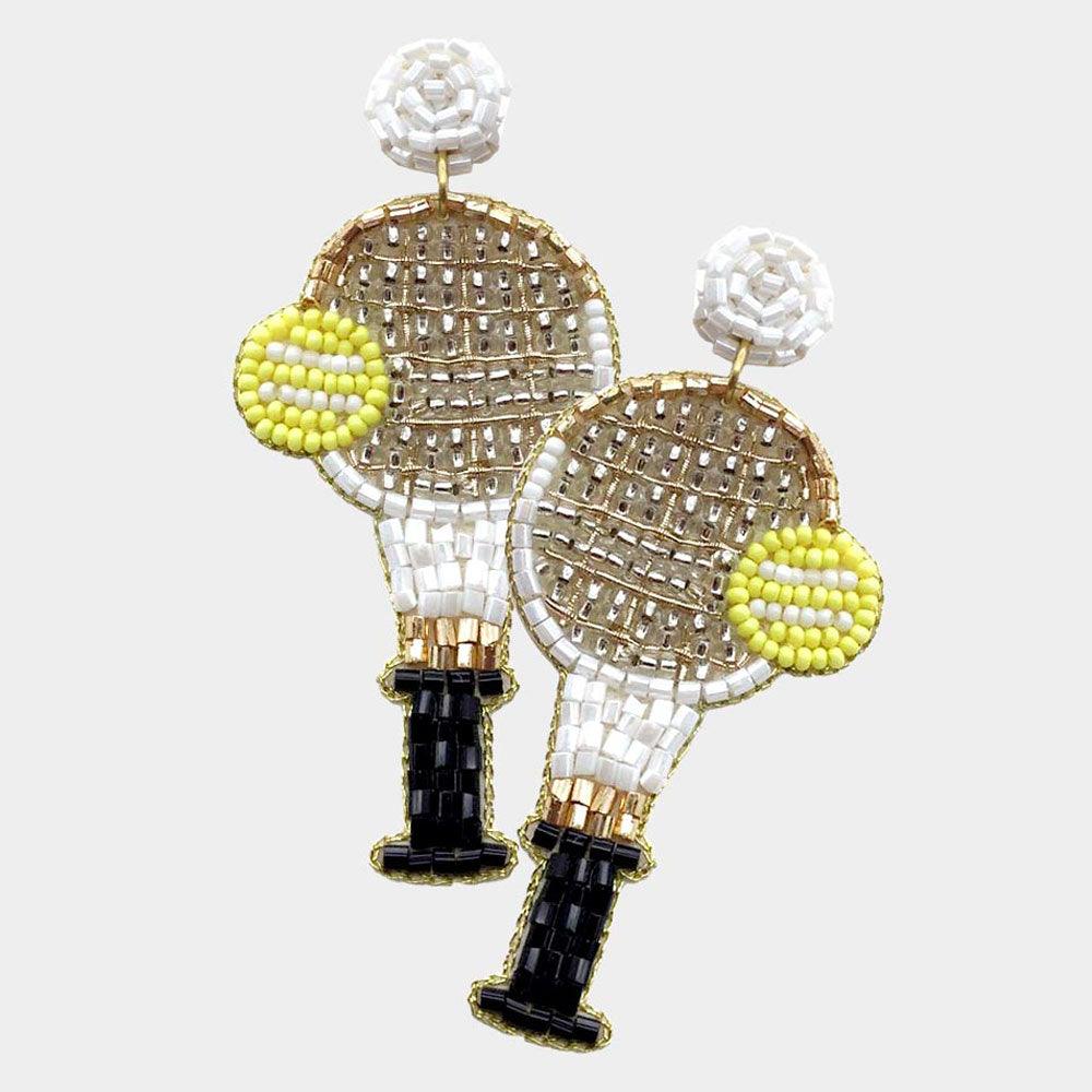 White Felt Back Tennis Ball Racket Beaded Dangle Earrings