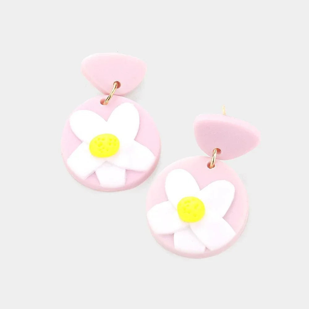 Pink Clay Flower Accented Dangle Earrings - Jewelry Store by Erik Rayo