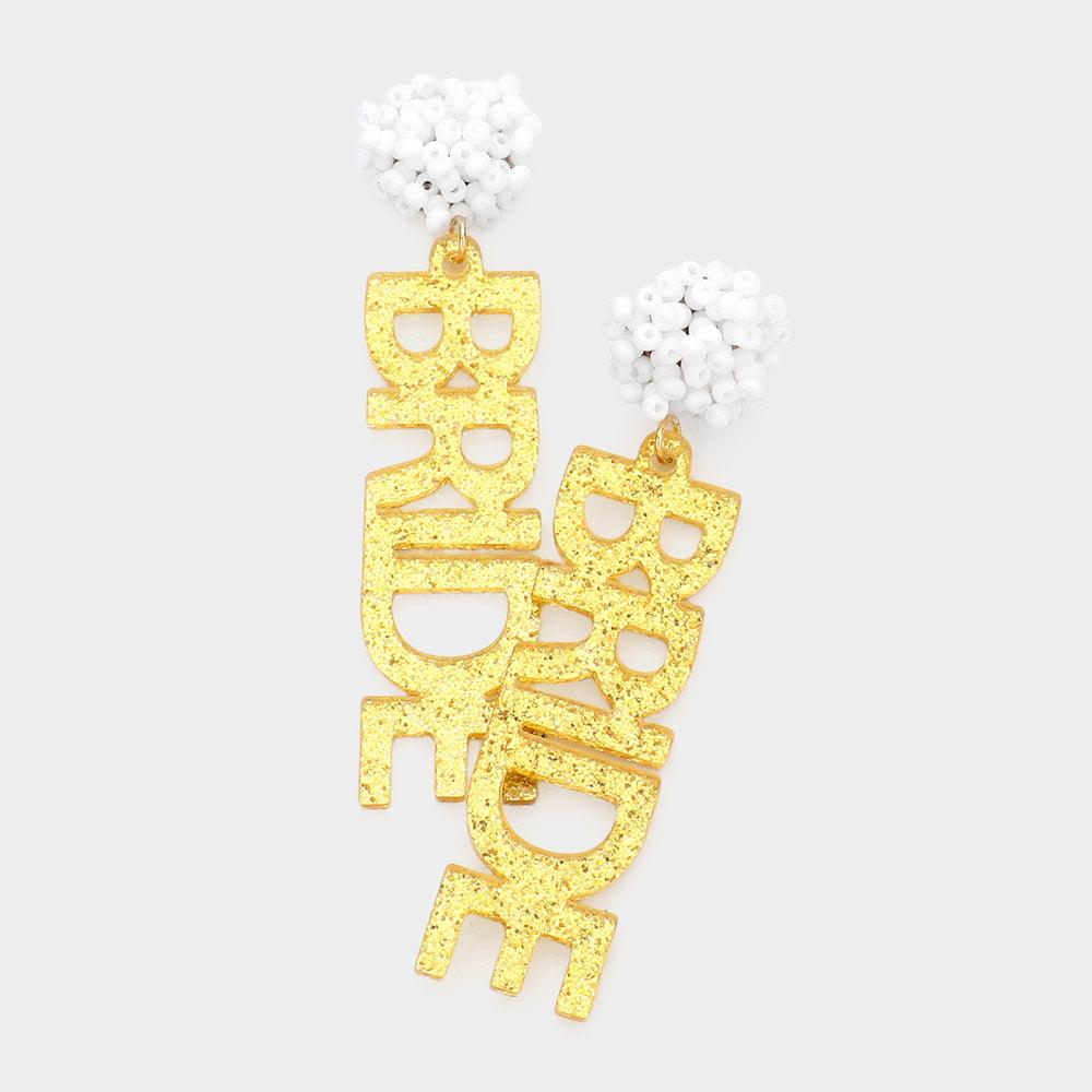 Yellow BRIDE Glittered Message Dangle Earrings