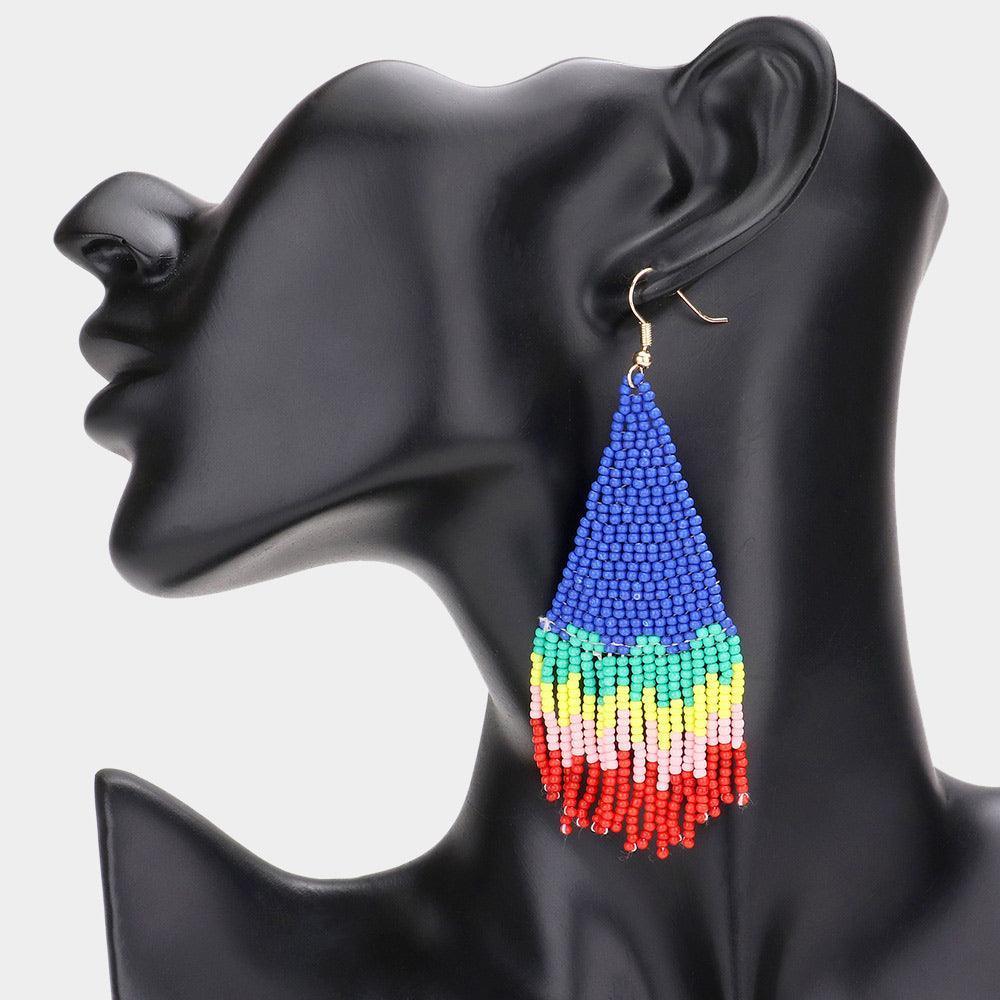 Blue Seed Beaded Fringe Dangle Earrings - Jewelry Store by Erik Rayo