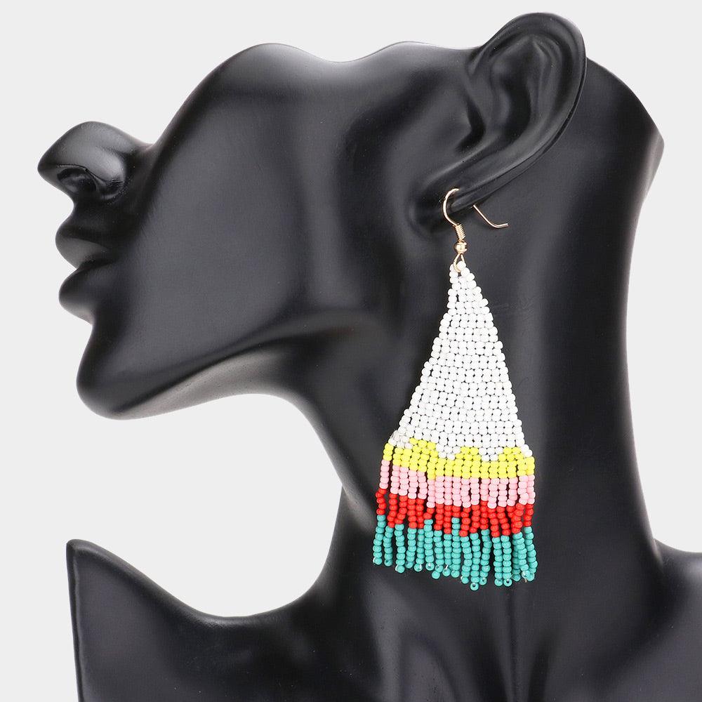 White Seed Beaded Fringe Dangle Earrings