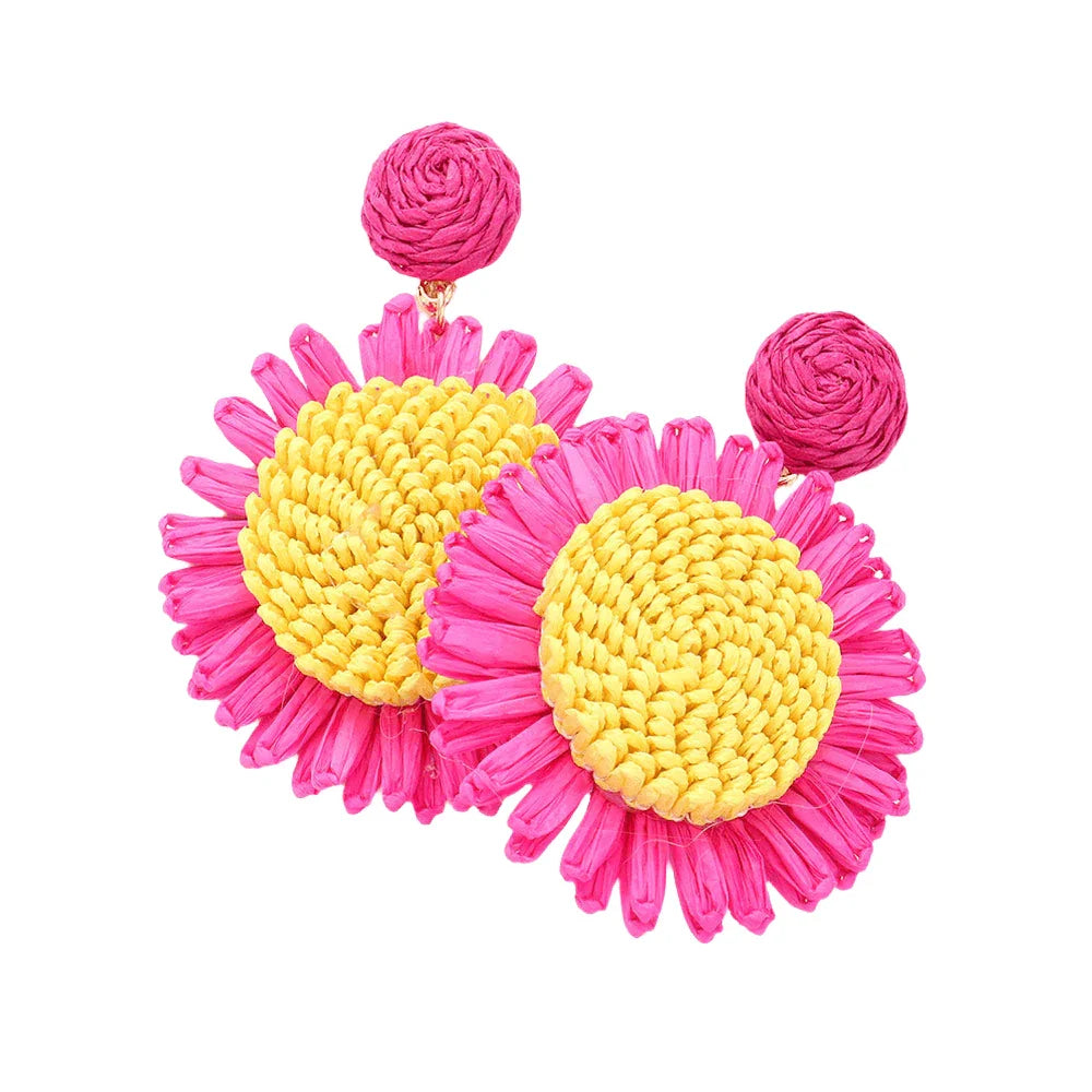 Red Raffia Sunflower Dangle Earrings - Jewelry Store by Erik Rayo