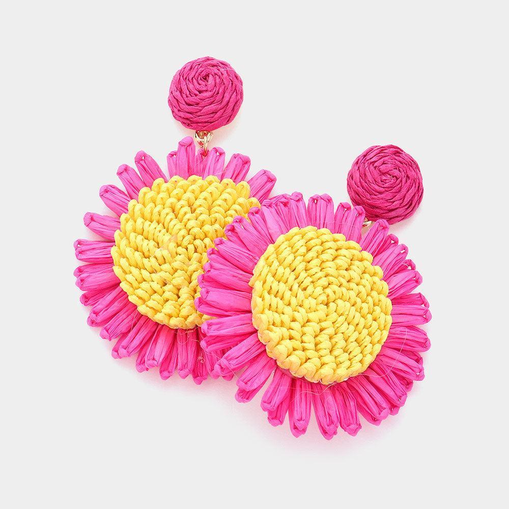 Red Raffia Sunflower Dangle Earrings - Jewelry Store by Erik Rayo