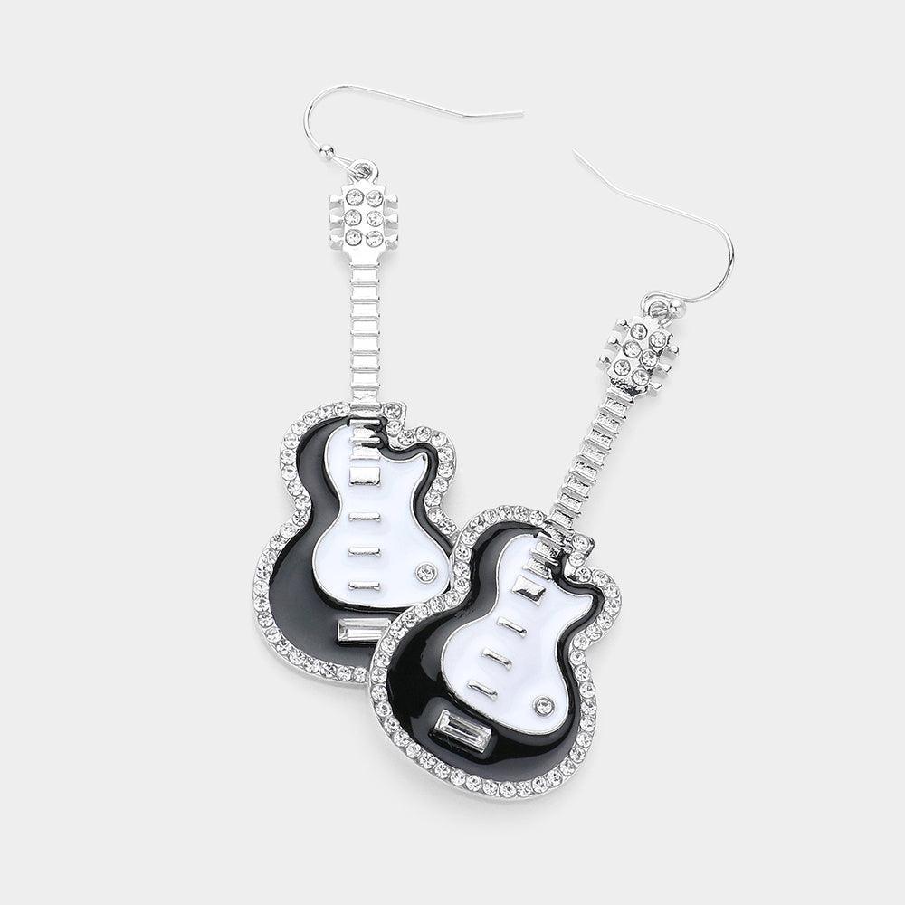 Black Rhinestone Rim Guitar Dangle Earrings - Jewelry Store by Erik Rayo