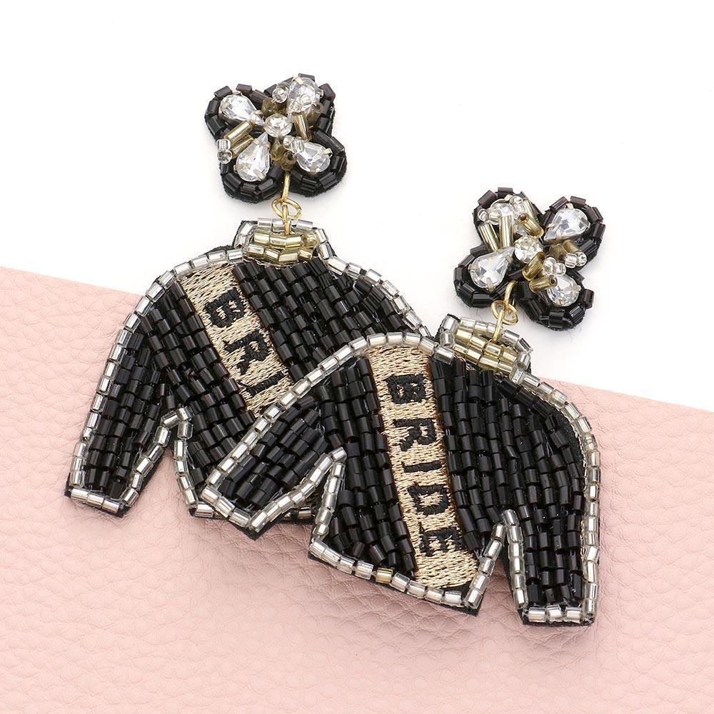 Black BRIDE Felt Back Beaded Suit Dangle Earrings - Jewelry Store by Erik Rayo