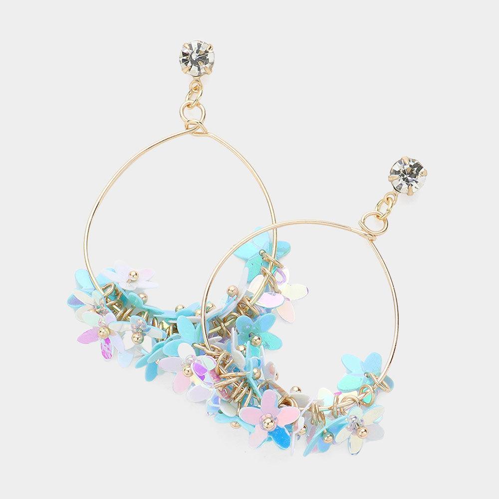 Blue Flower Sequin Beaded Open Metal Wire Dangle Earrings - Jewelry Store by Erik Rayo