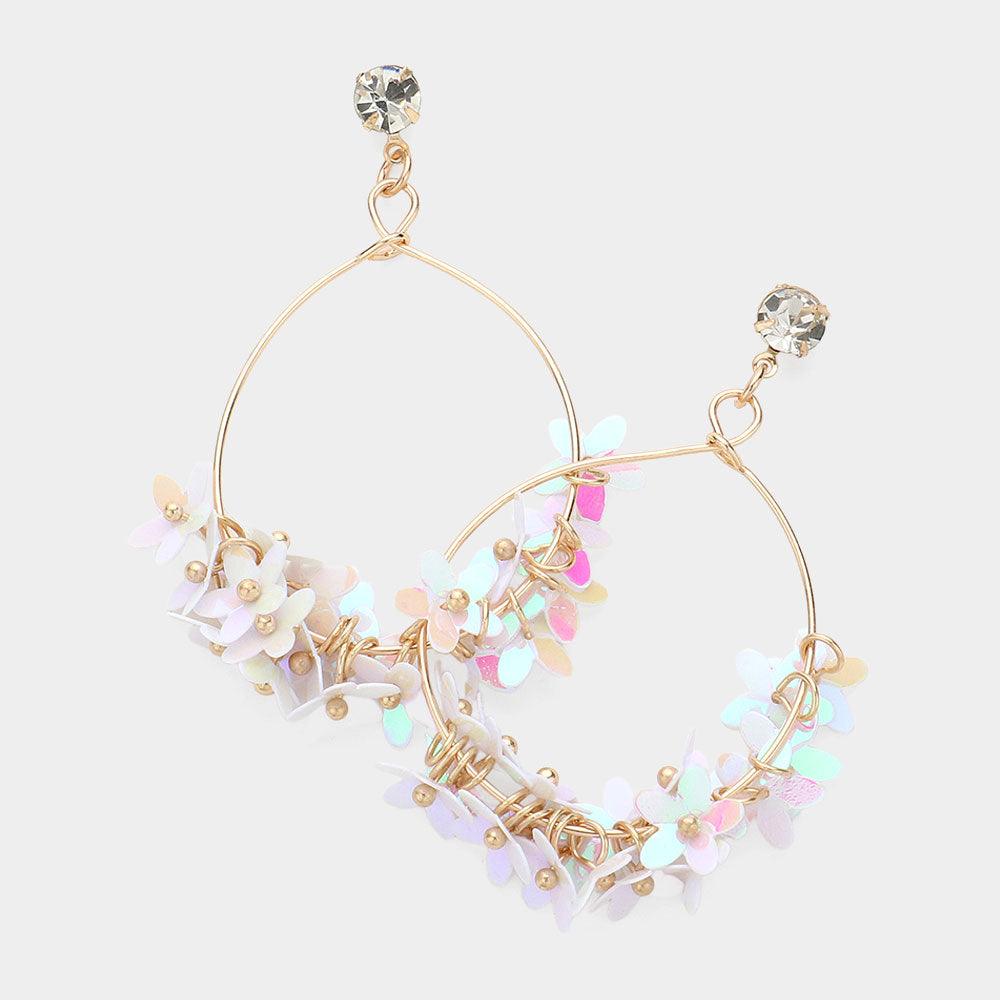 White Flower Sequin Beaded Open Metal Wire Dangle Earrings