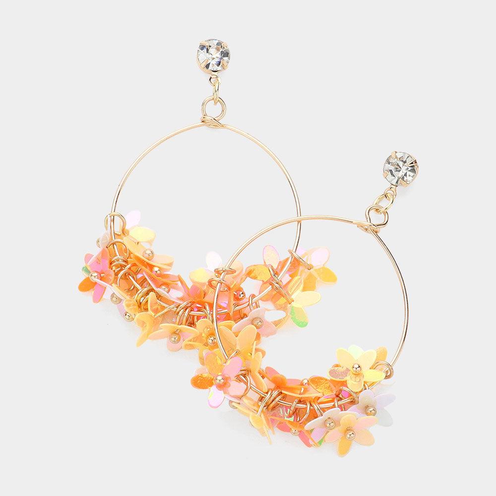 Yellow Flower Sequin Beaded Open Metal Wire Dangle Earrings