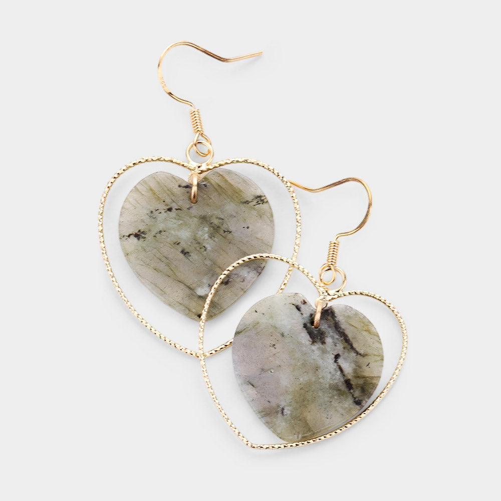Gray Natural Stone Heart Accented Open Metal Heart Layered Dangle Earrings - Jewelry Store by Erik Rayo
