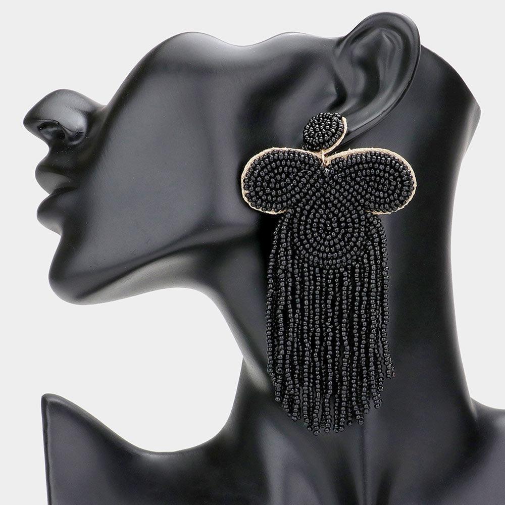 Black Felt Back Seed Beaded Fringe Dangle Earrings - Jewelry Store by Erik Rayo
