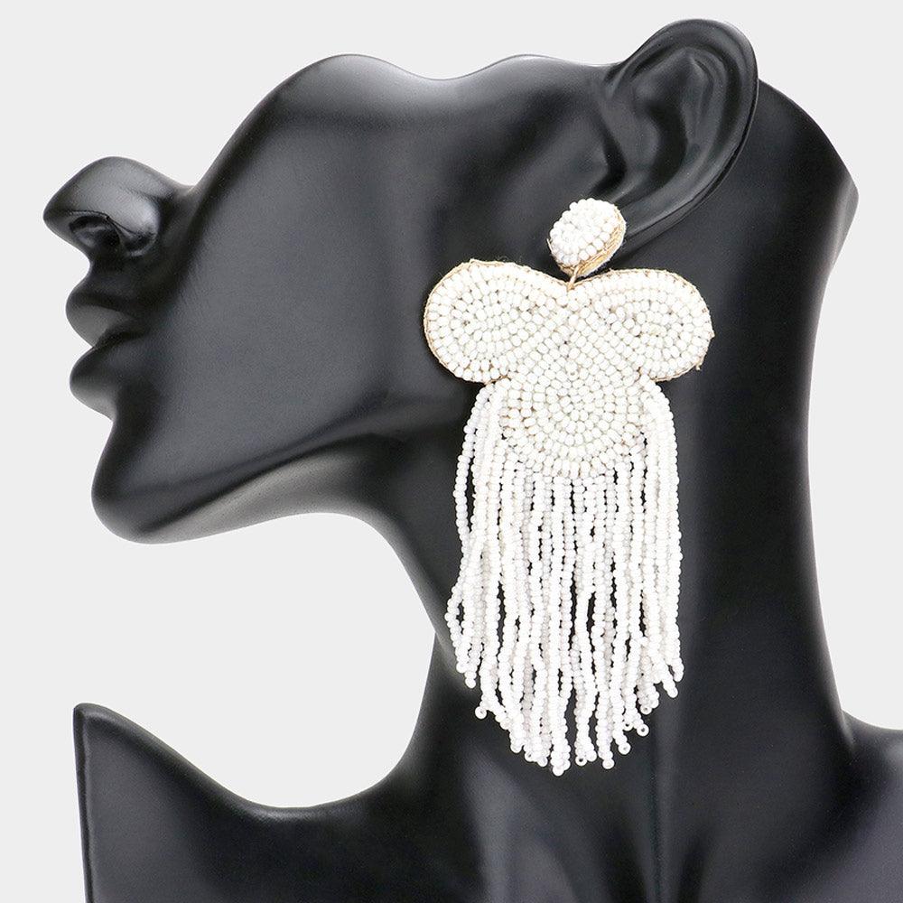 White Felt Back Seed Beaded Fringe Dangle Earrings