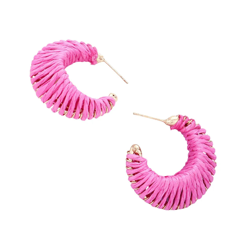 Fuchsia Raffia Wrapped Hoop Earrings - Jewelry Store by Erik Rayo