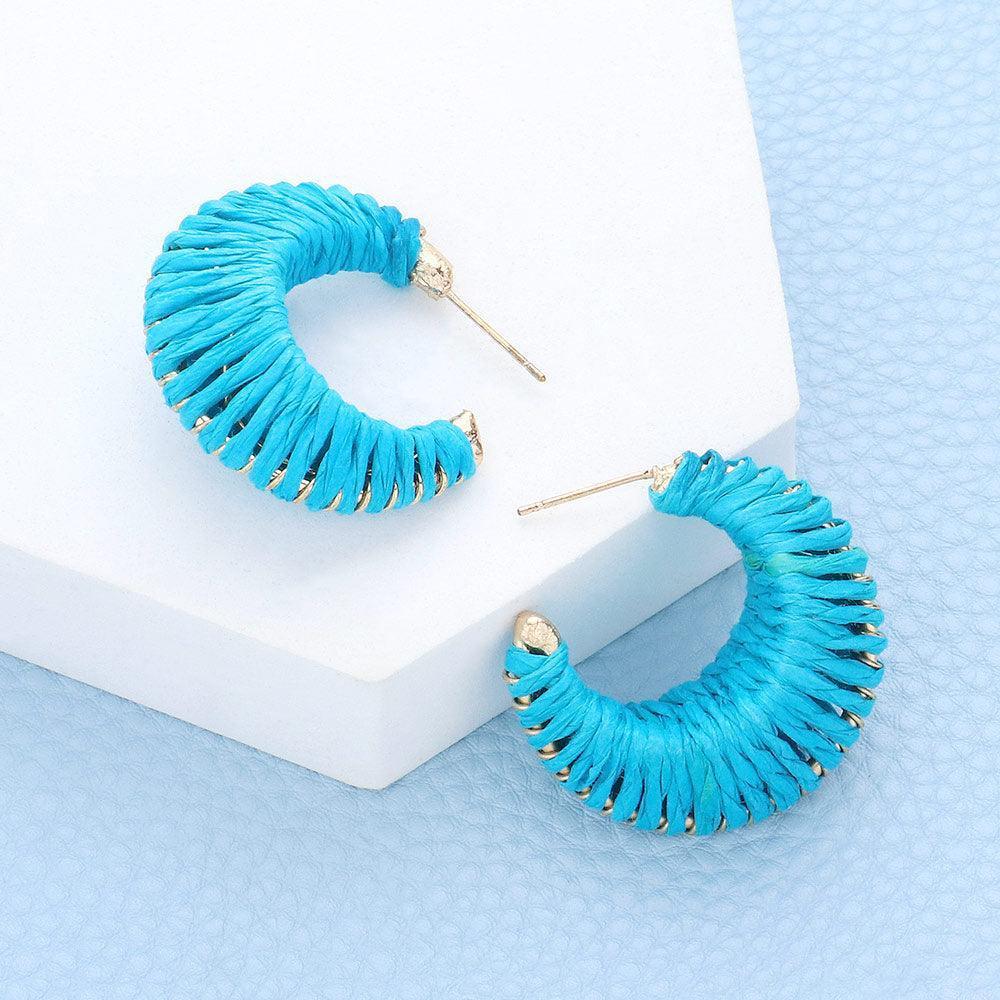 Blue Raffia Wrapped Hoop Earrings - Jewelry Store by Erik Rayo