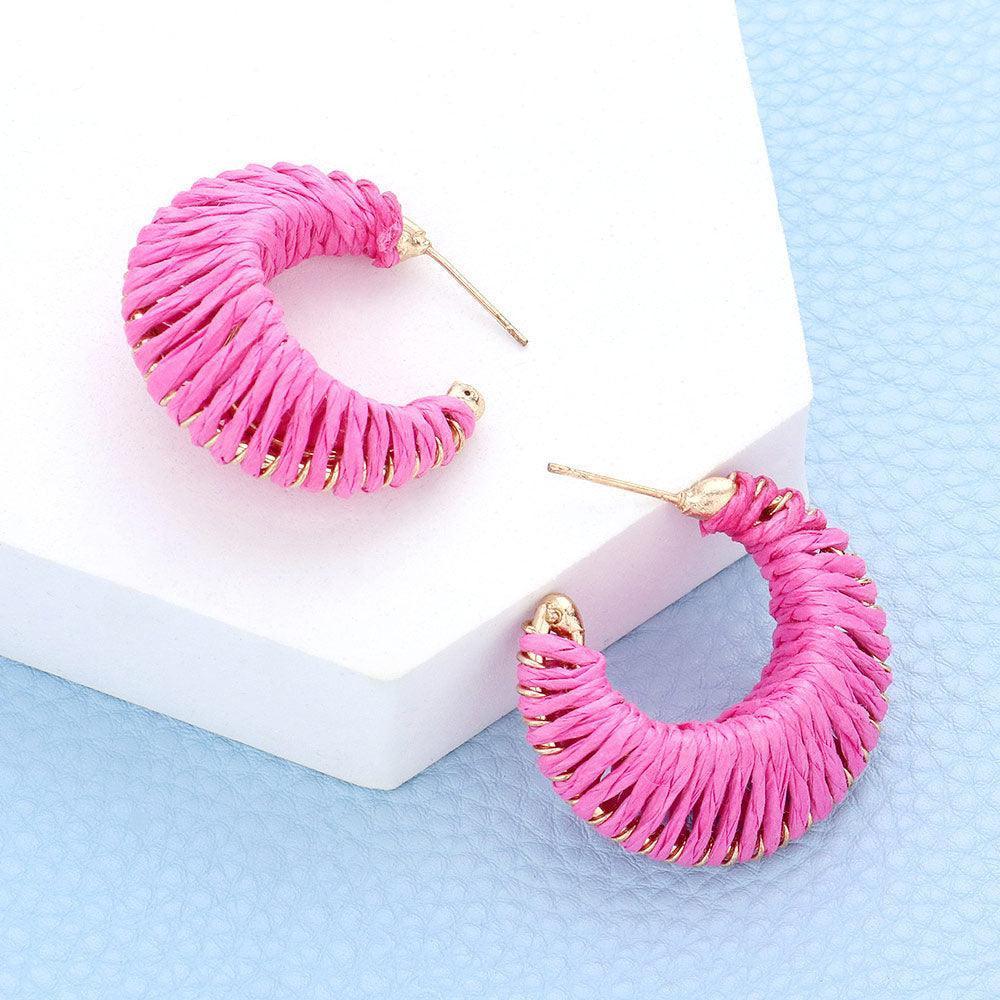Fuchsia Raffia Wrapped Hoop Earrings - Jewelry Store by Erik Rayo