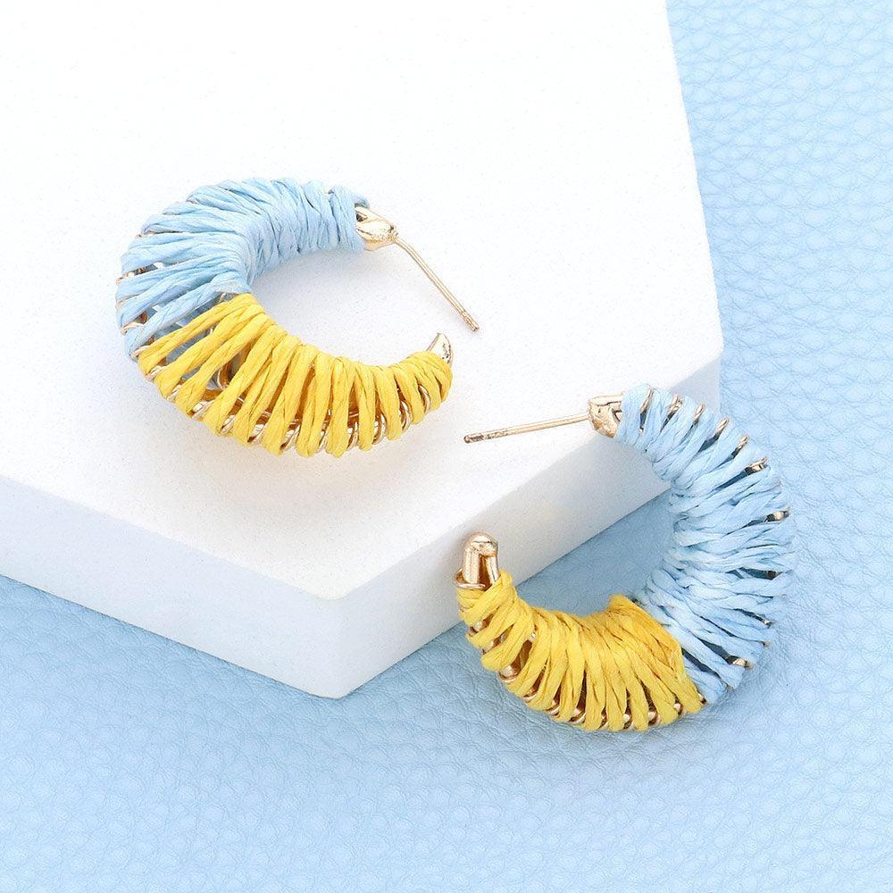 Turquoise Raffia Wrapped Hoop Earrings - Jewelry Store by Erik Rayo