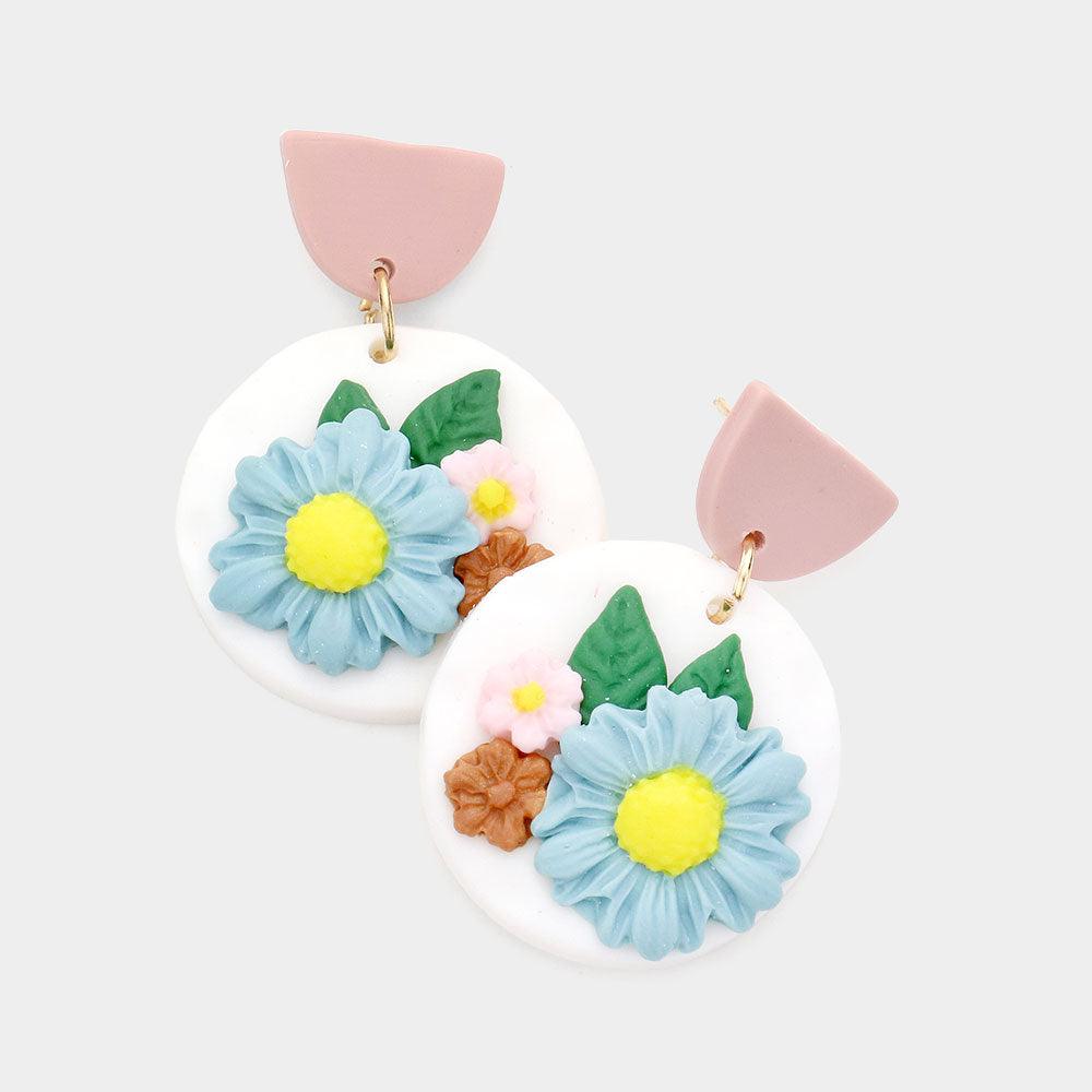 White Flower Accented Polymer Clay Dangle Earrings