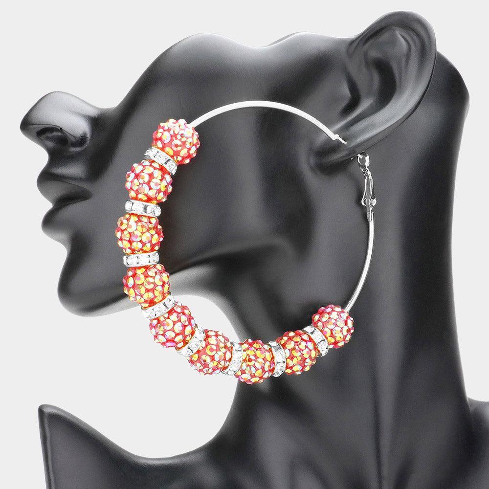 Red Oversized Shamballa Ball Hoop Earrings - Jewelry Store by Erik Rayo
