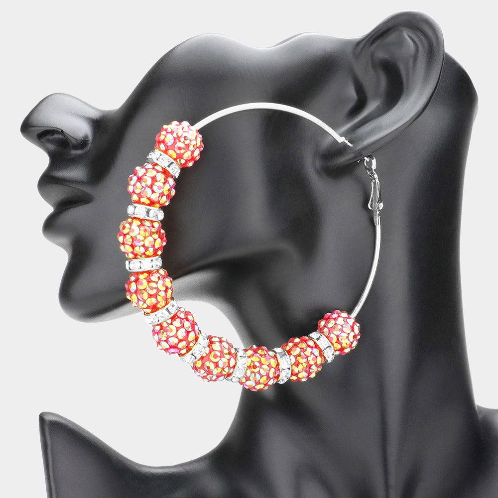 Red Oversized Shamballa Ball Hoop Earrings