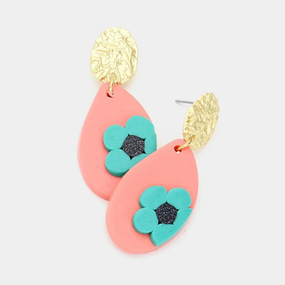 Flower Accented Polymer Clay Dangle Earrings - Jewelry Store by Erik Rayo