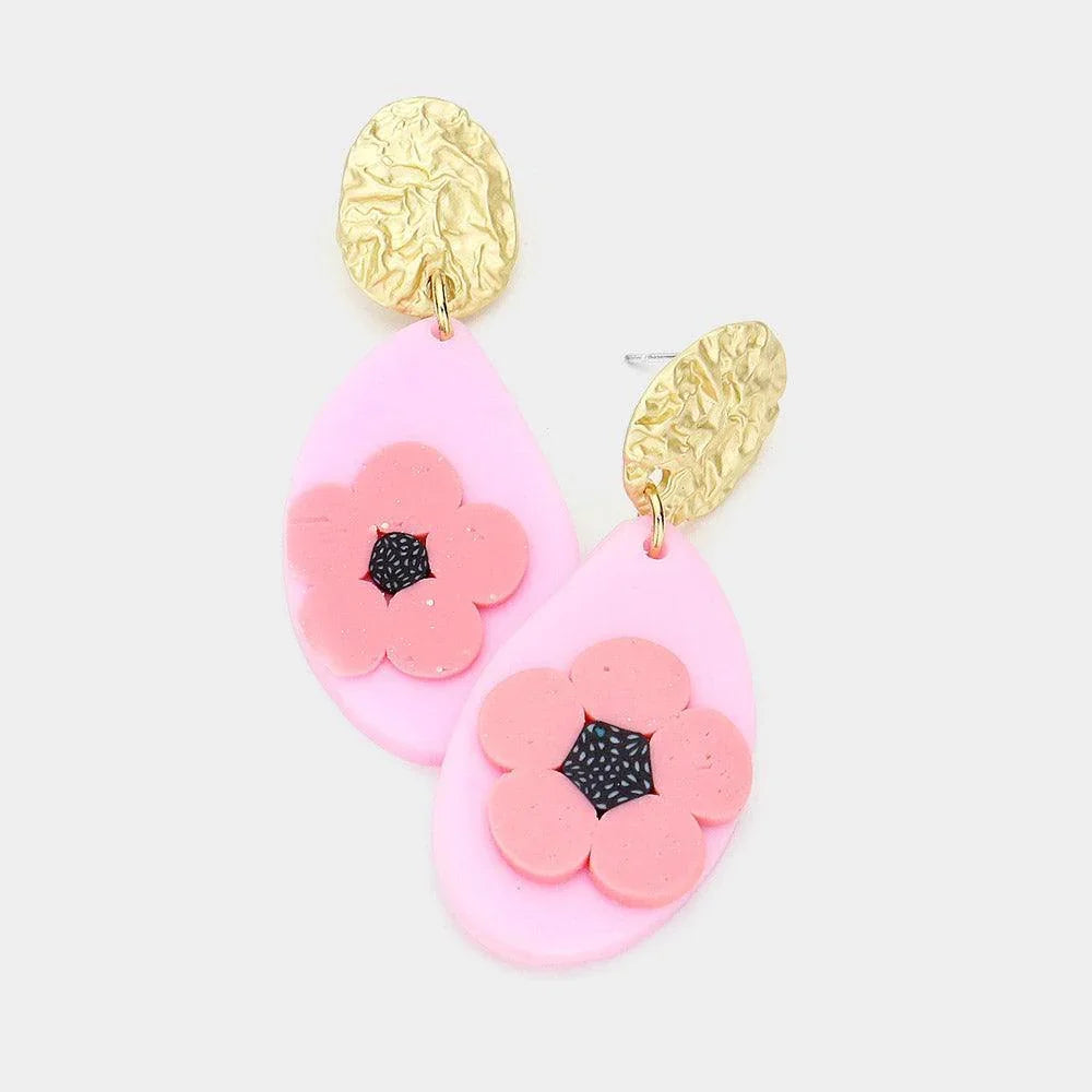 Pink Flower Accented Polymer Clay Dangle Earrings - Jewelry Store by Erik Rayo