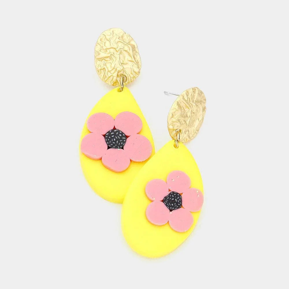 Yellow Flower Accented Polymer Clay Dangle Earrings - Jewelry Store by Erik Rayo