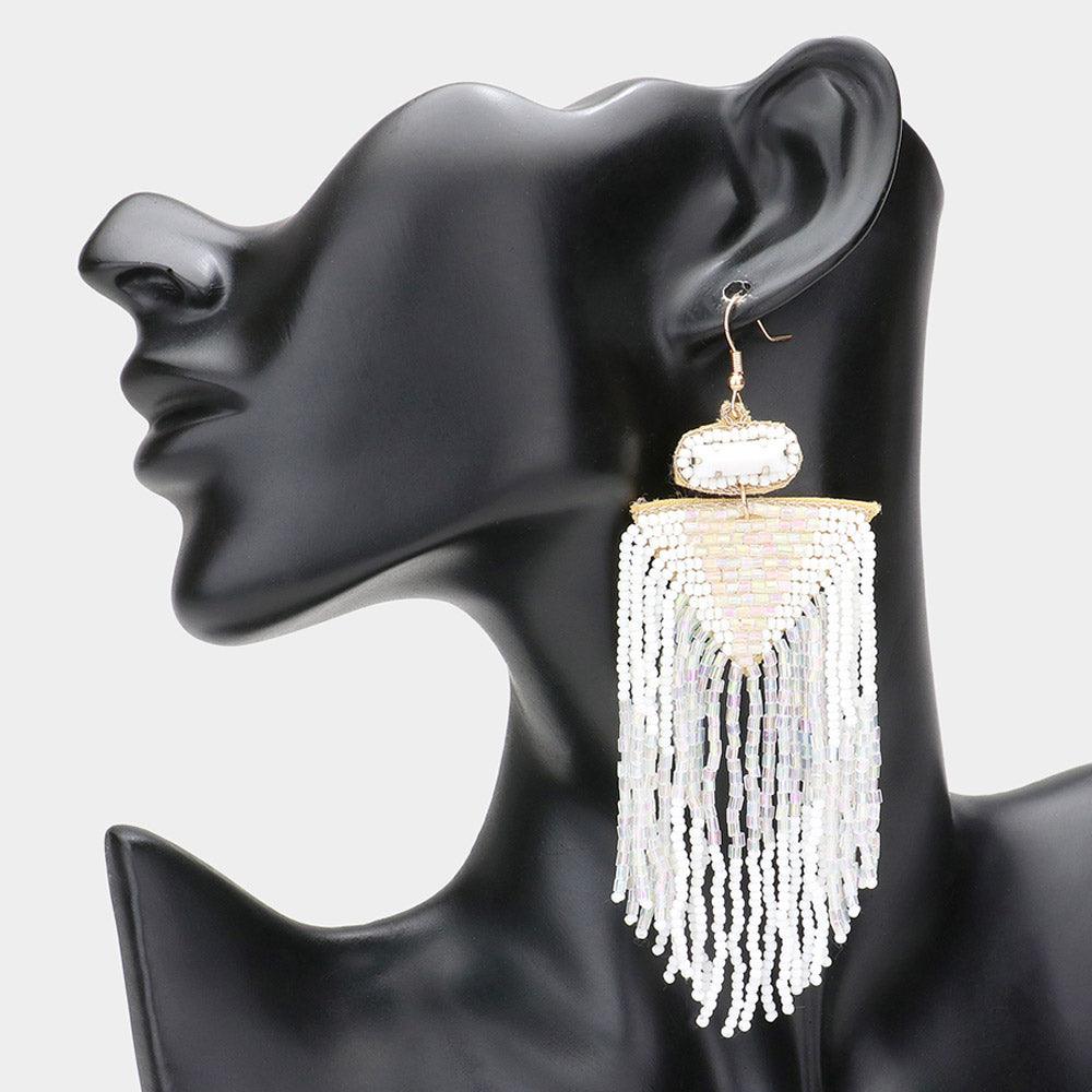 White Seed Beaded Fringe Dangle Earrings