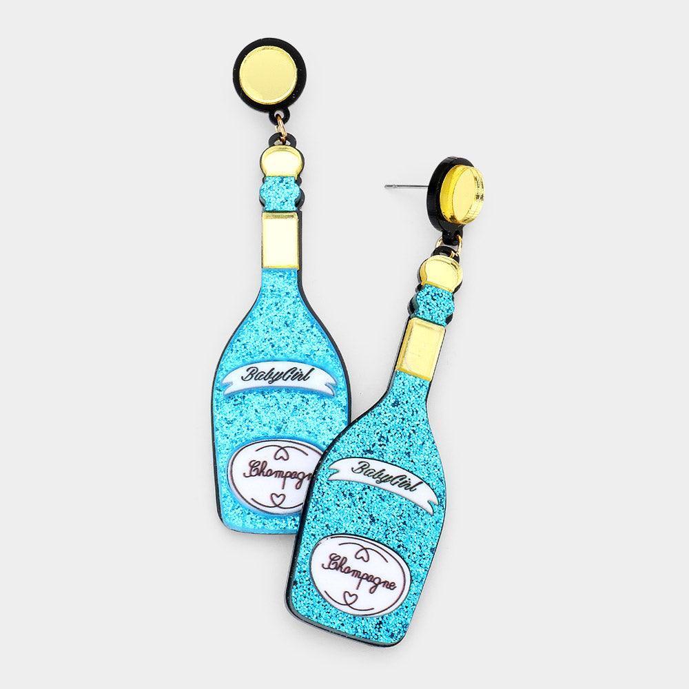 Blue Glittered Champagne Dangle Earrings - Jewelry Store by Erik Rayo