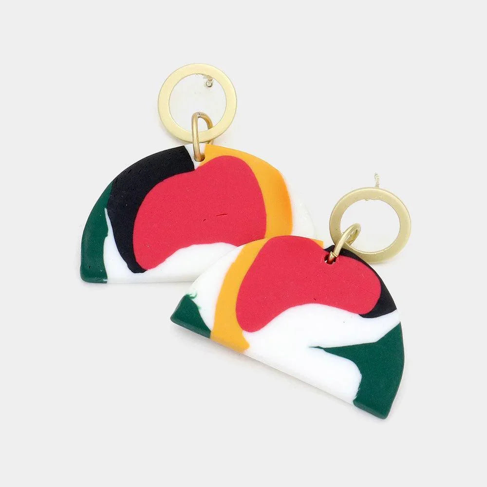 Open Metal Circle Patterned Polymer Clay Half Round Link Dangle Earrings - Jewelry Store by Erik Rayo